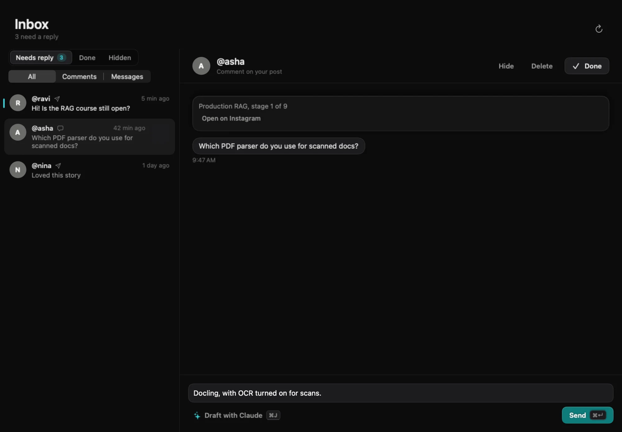 The Instagram inbox: three comments waiting, and a reply drafted for one of them