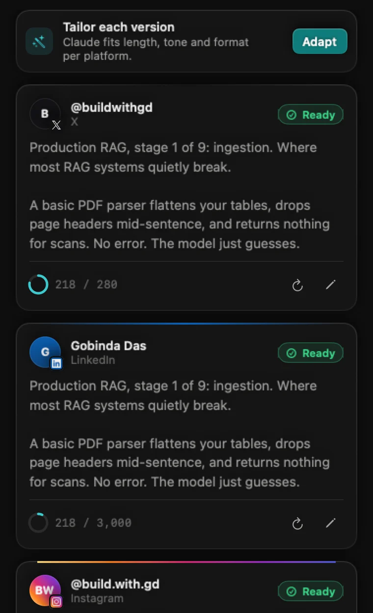 Claude's versions of the post for X and LinkedIn, each marked ready