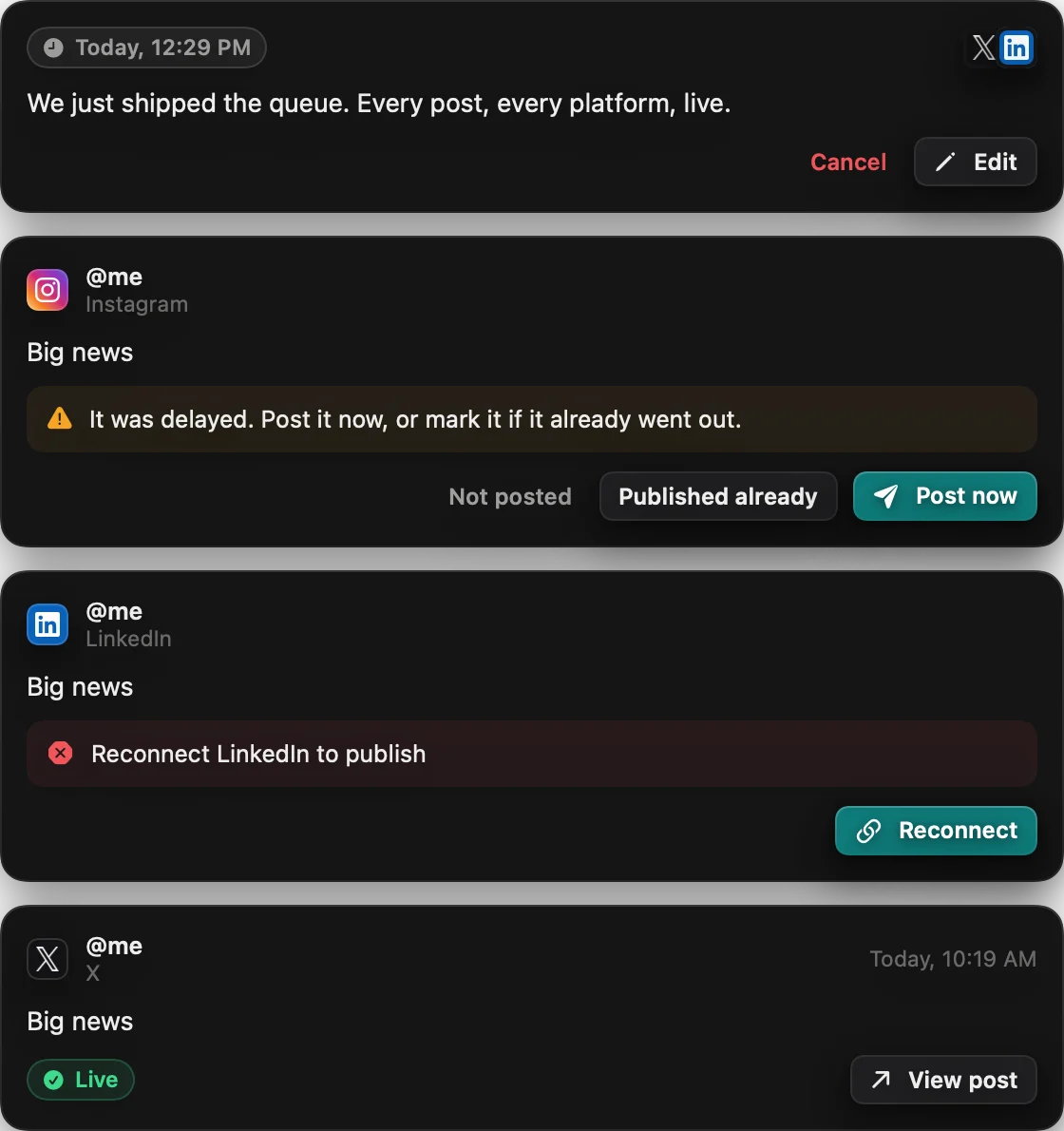The Queue: a scheduled post, one held for a check, one waiting on a reconnect and one live