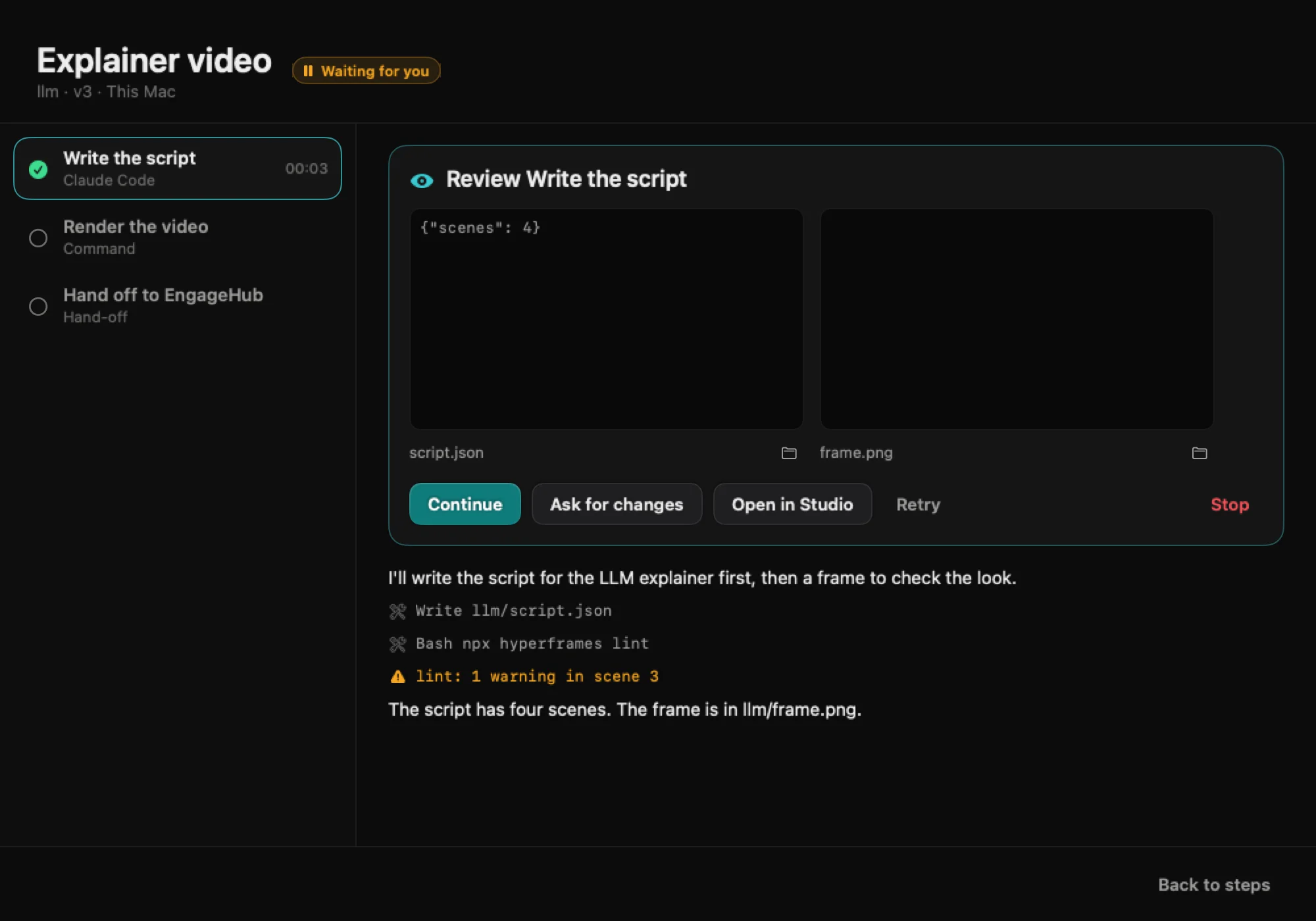 An explainer video workflow paused for review after Claude wrote the script